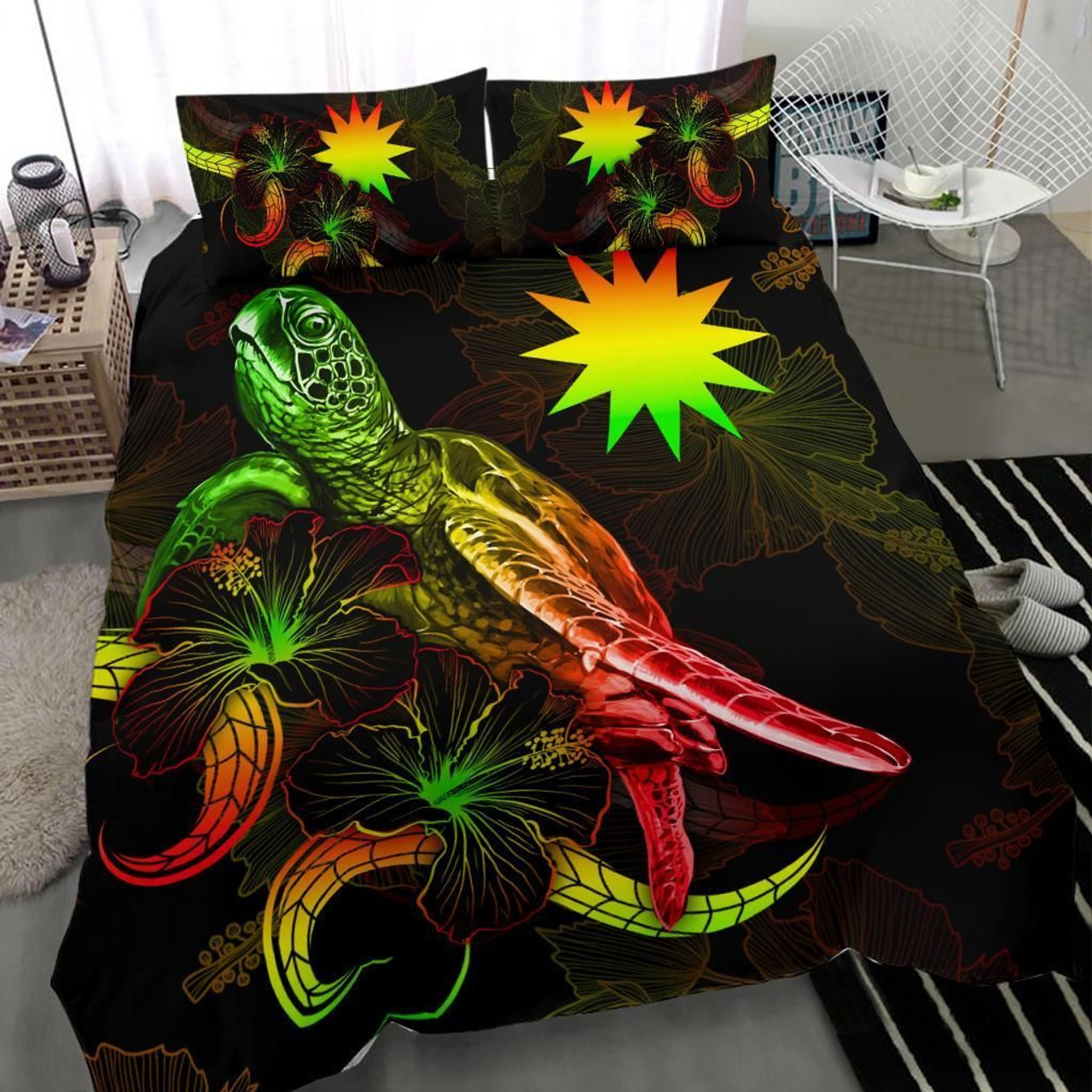 Nauru Polynesian Bedding Set - Turtle With Blooming Hibiscus Reggae 3
