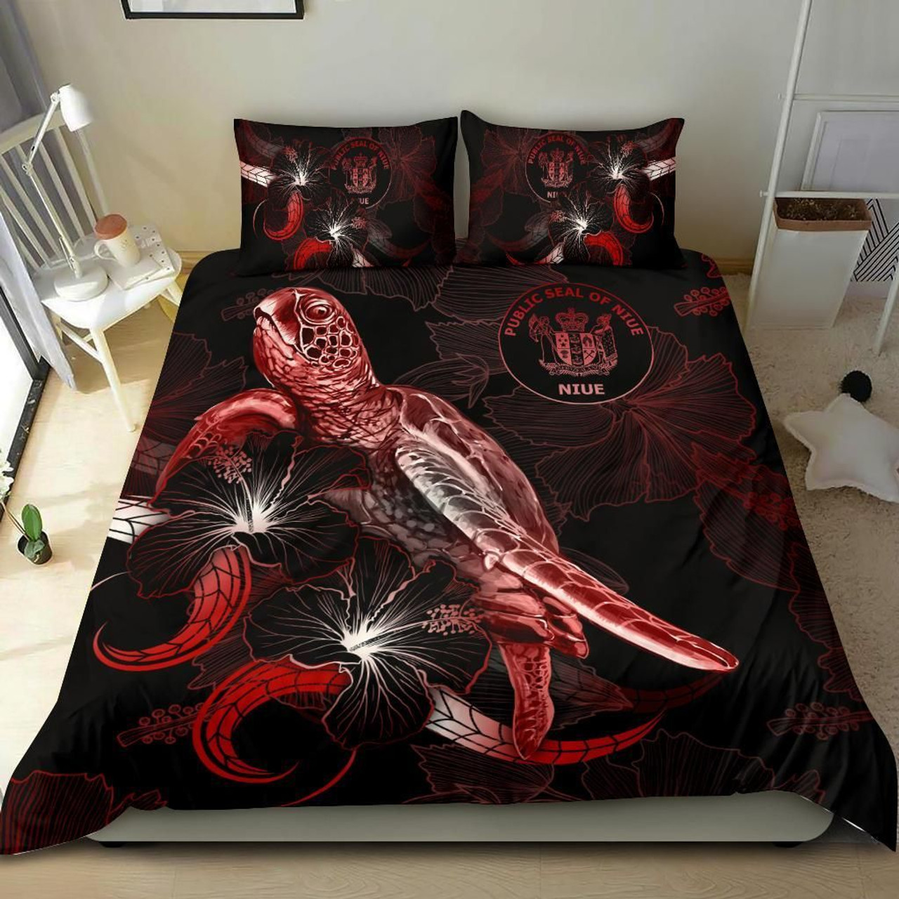 Niue Polynesian Bedding Set - Turtle With Blooming Hibiscus Red 2