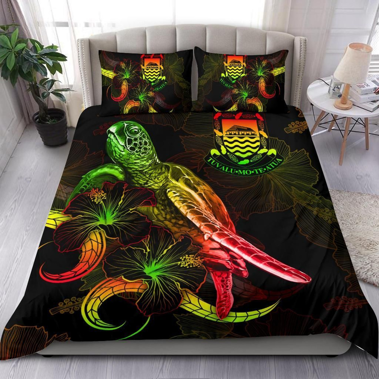 Tuvalu Polynesian Bedding Set - Turtle With Blooming Hibiscus Reggae 1