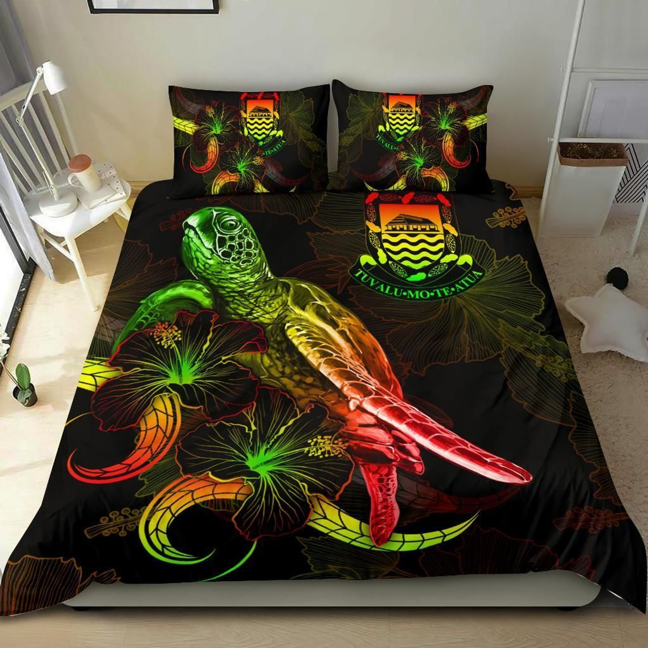 Tuvalu Polynesian Bedding Set - Turtle With Blooming Hibiscus Reggae 2