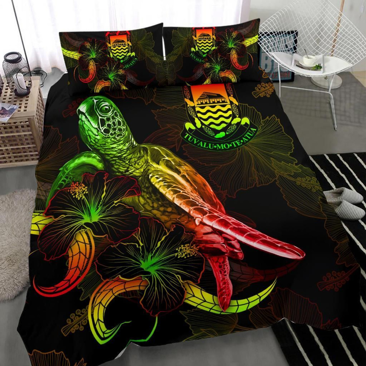 Tuvalu Polynesian Bedding Set - Turtle With Blooming Hibiscus Reggae 3