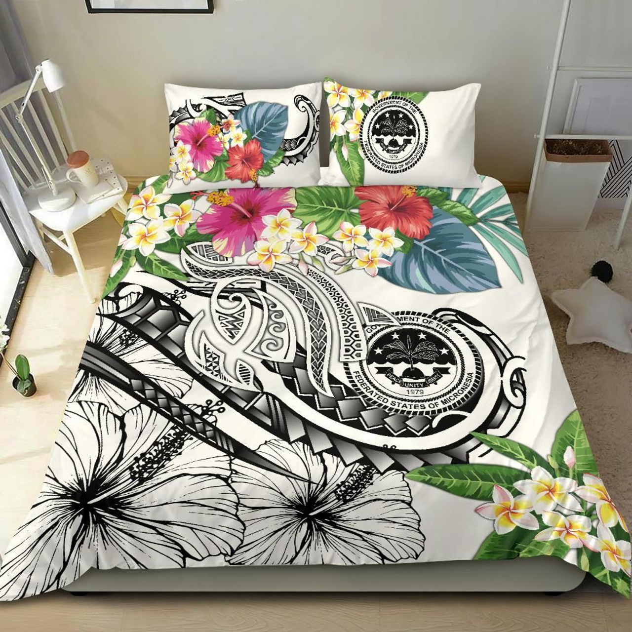 Yap Bedding Set - Humpback Whale With Tropical Flowers (Blue) 5
