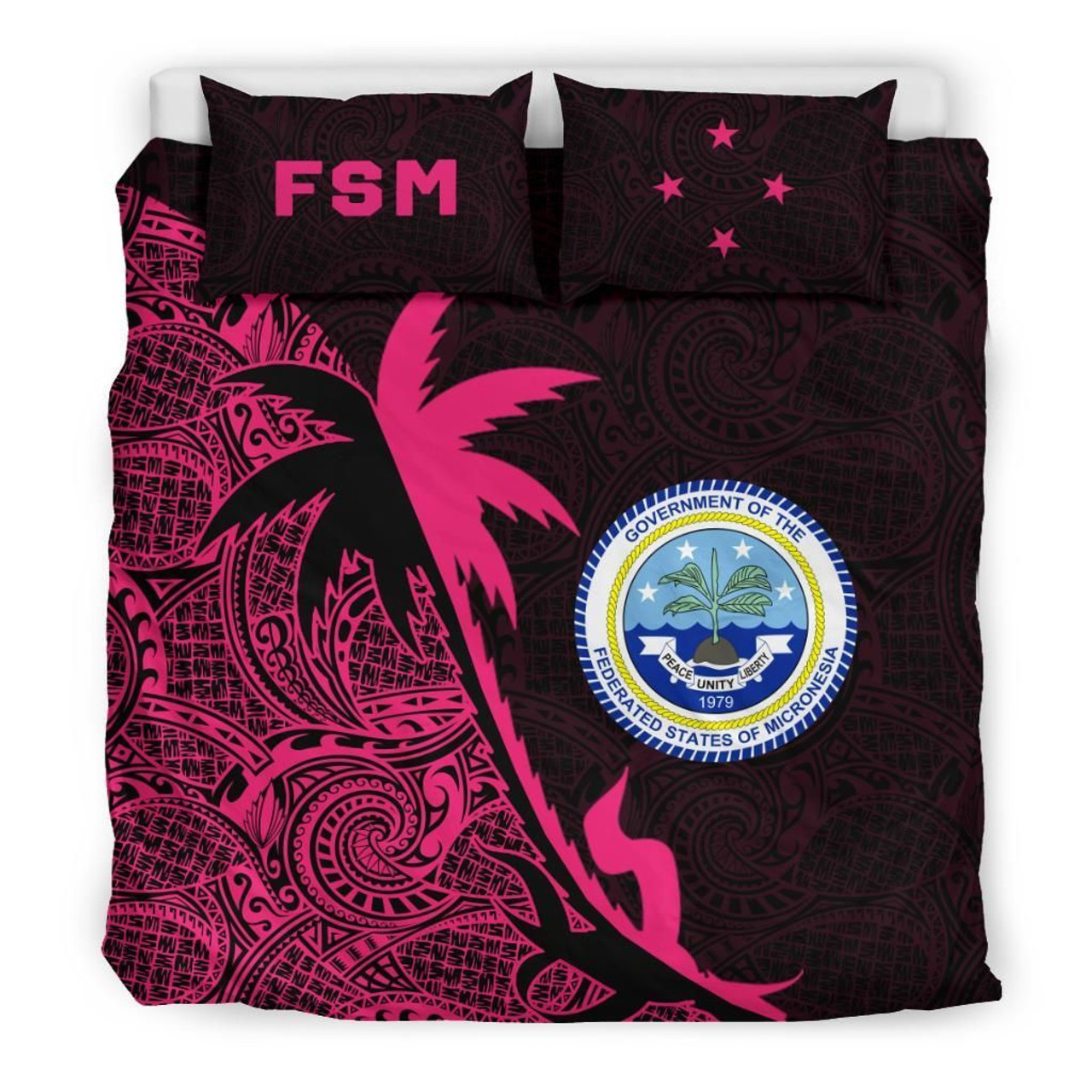 Federated States Of Micronesia Duvet Cover Set - Federated States Of Micronesia Coat Of Arms & Coconut Tree Pink 1