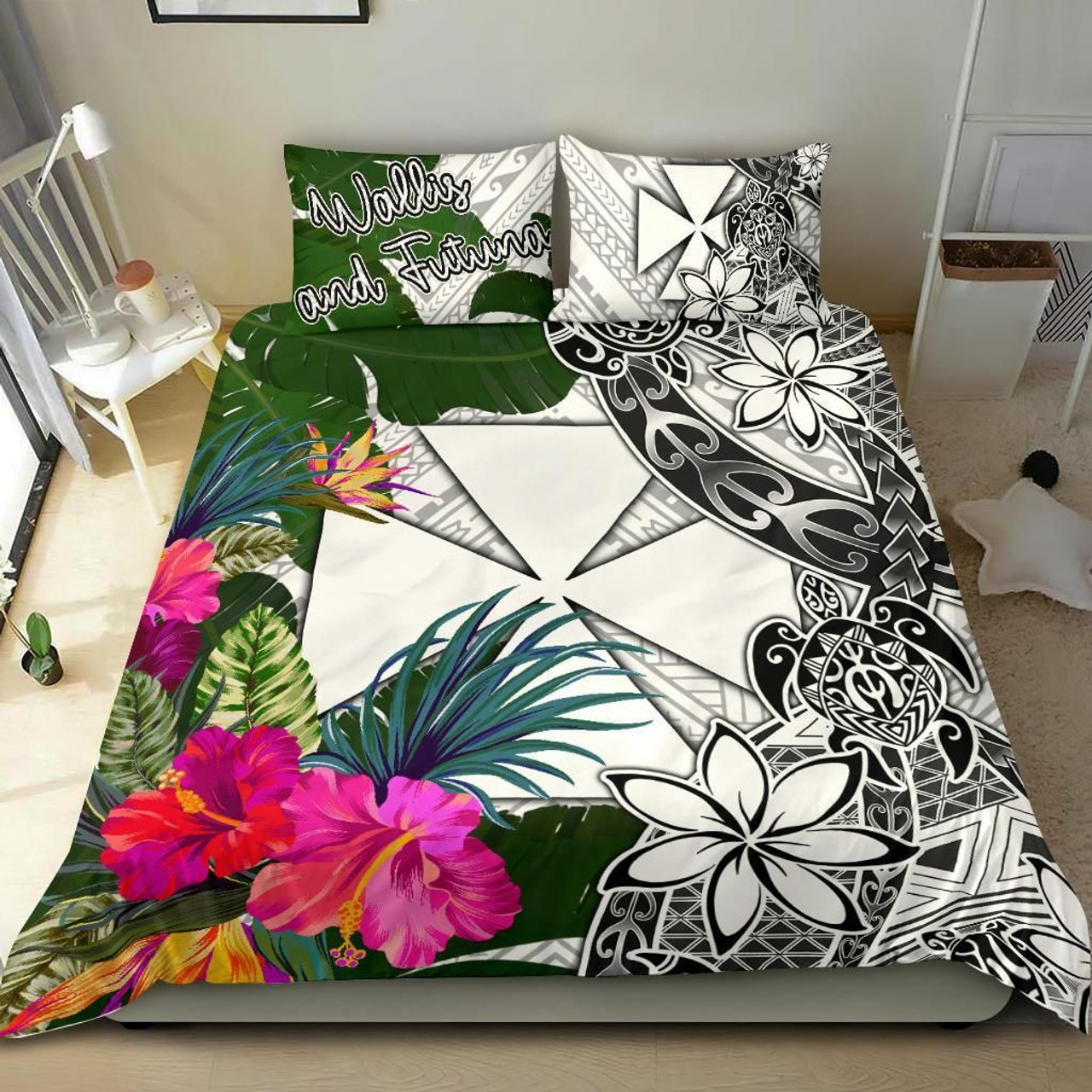 Wallis And Futuna Bedding Set White - Turtle Plumeria Banana Leaf 1