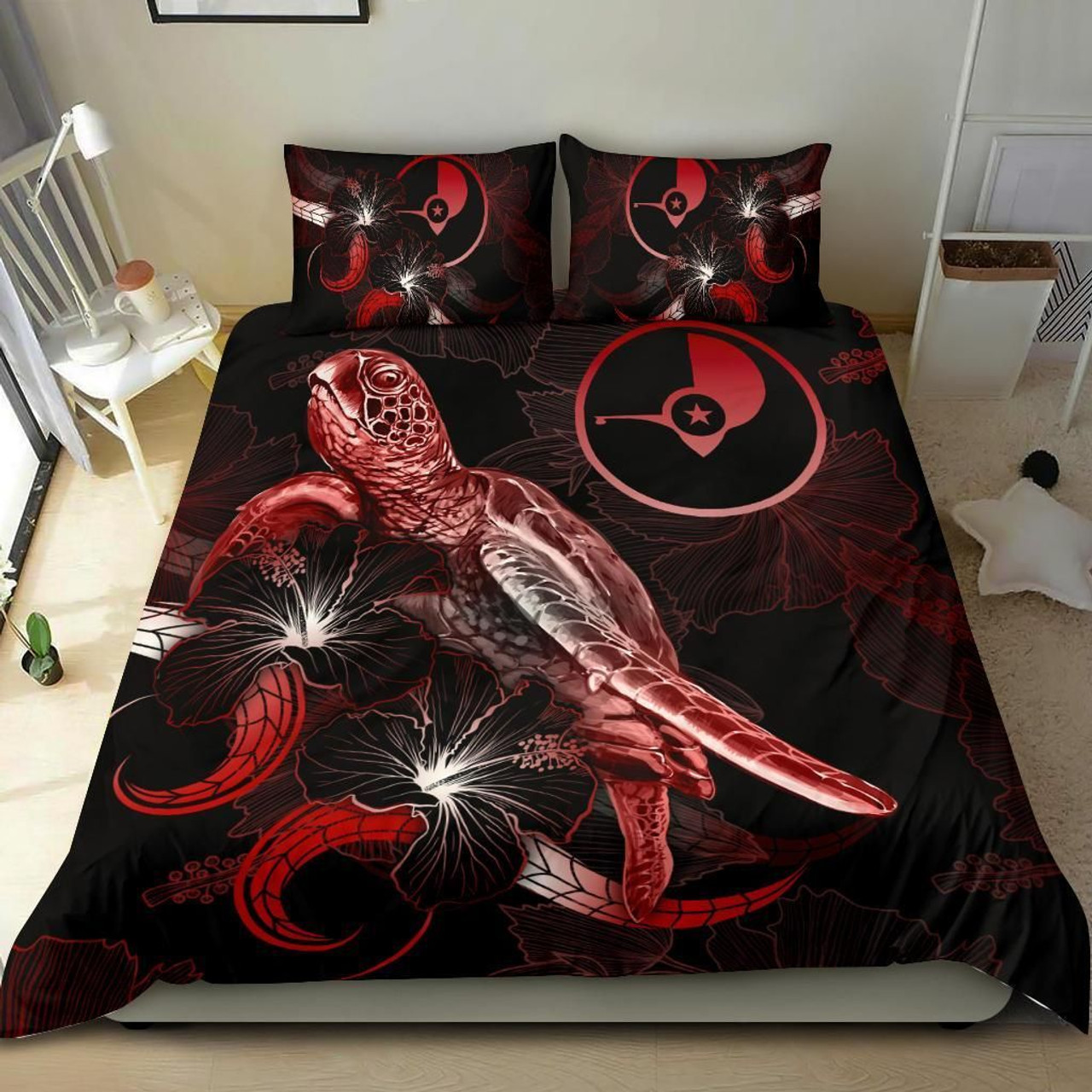 Yap Polynesian Bedding Set - Turtle With Blooming Hibiscus Red 2