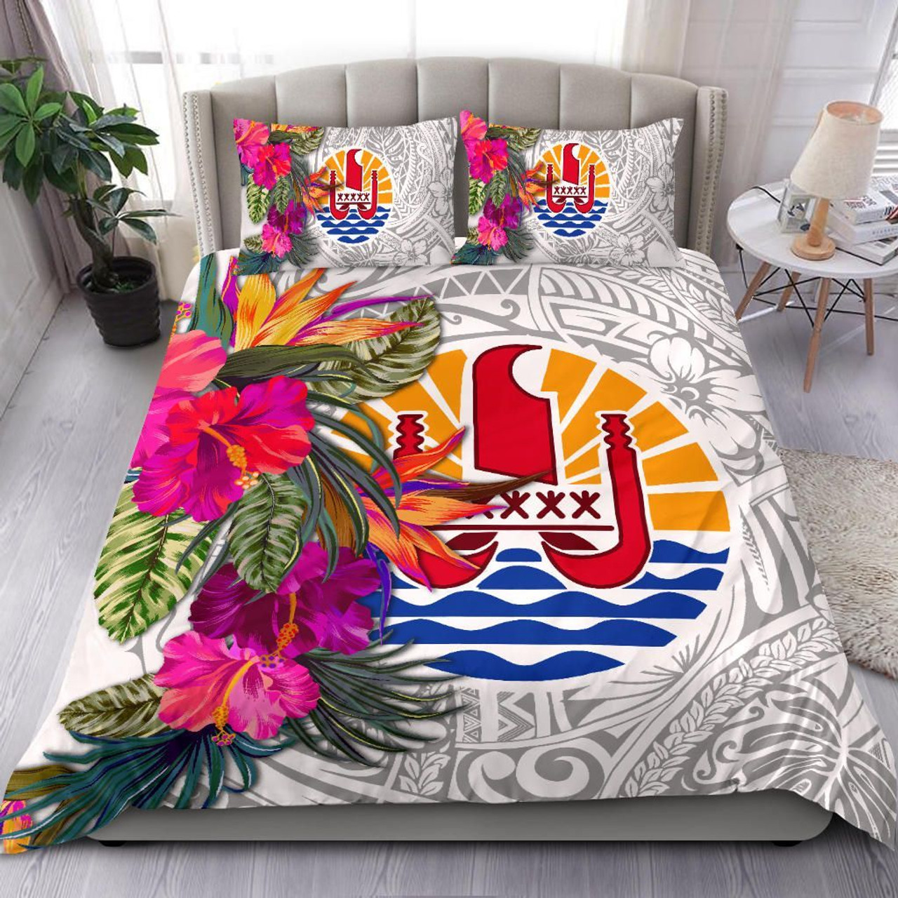 Tahiti Bedding Set - Hibiscus Polynesian Pattern White Version 1