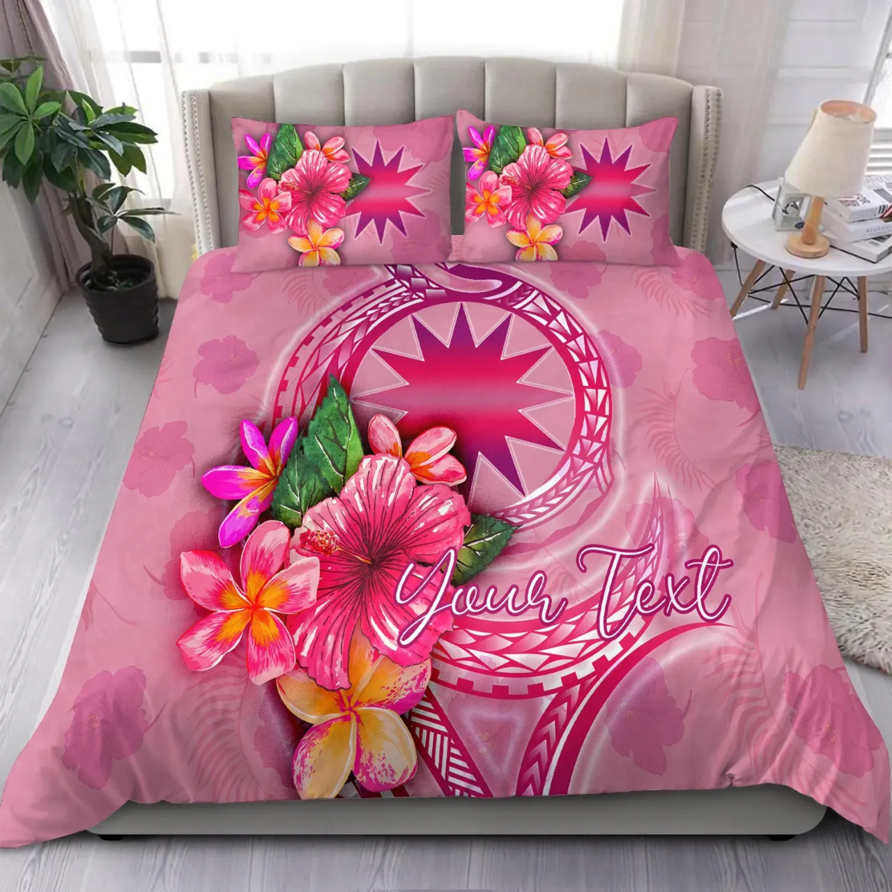 Nauru Polynesian Custom Personalised Bedding Set - Floral With Seal Pink 1