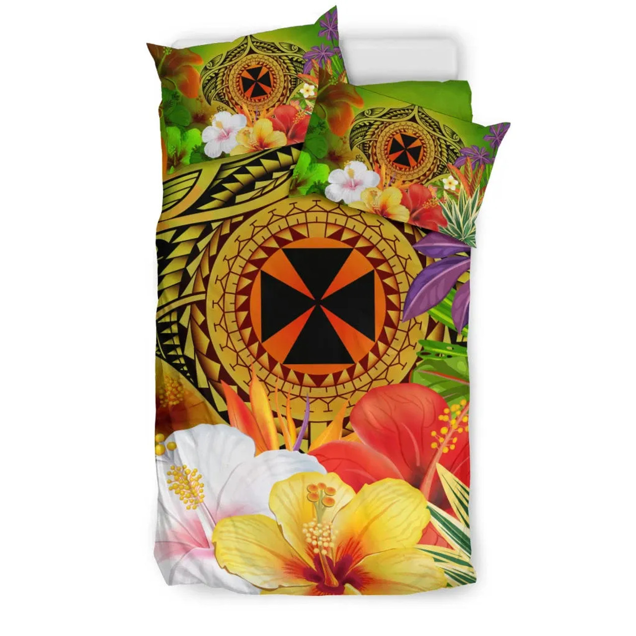 Wallis And Futuna Polynesian Bedding Set - Manta Ray Tropical Flowers (Reggae) 2