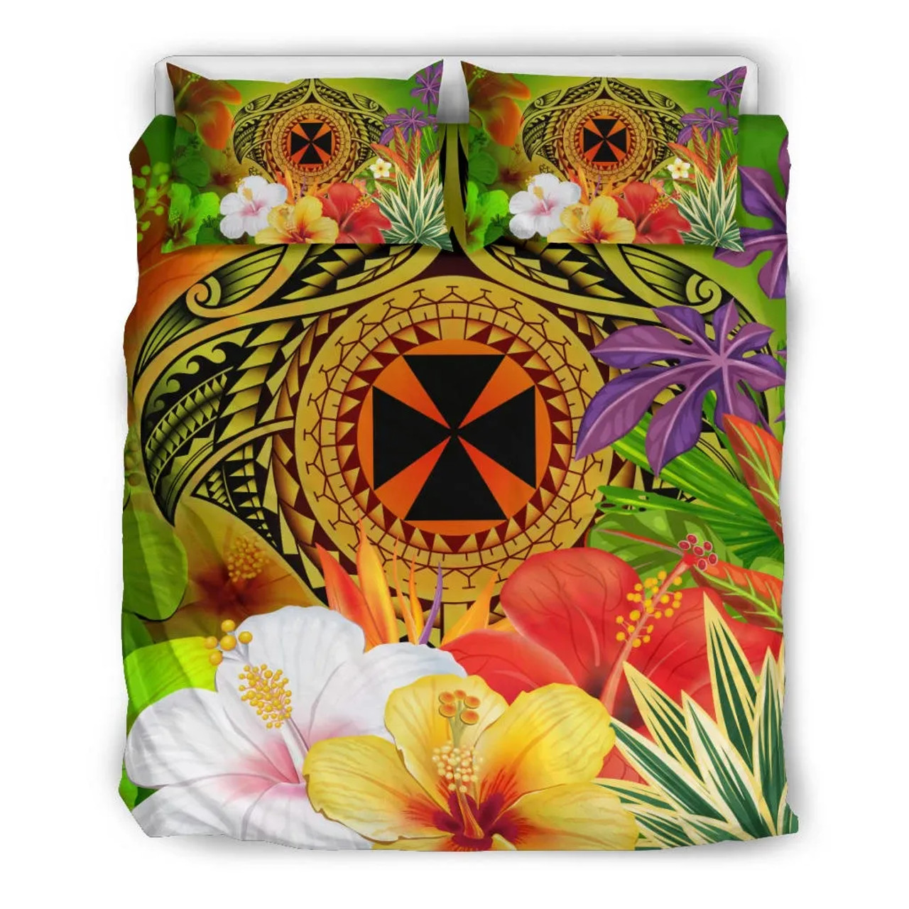 Wallis And Futuna Polynesian Bedding Set - Manta Ray Tropical Flowers (Reggae) 3