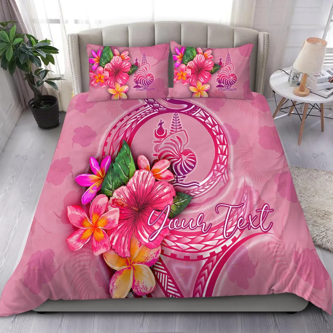 New Caledonia Polynesian Custom Personalised Bedding Set - Floral With Seal Pink 1