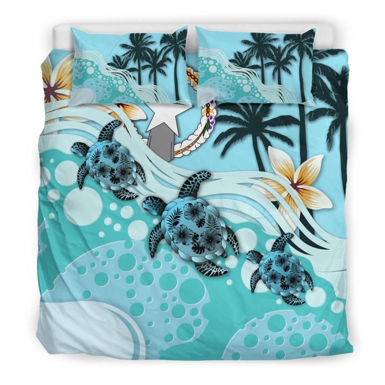 Polynesian Duvet Cover Set - Northern Mariana Islands Bedding Set Blue Turtle Hibiscus 1