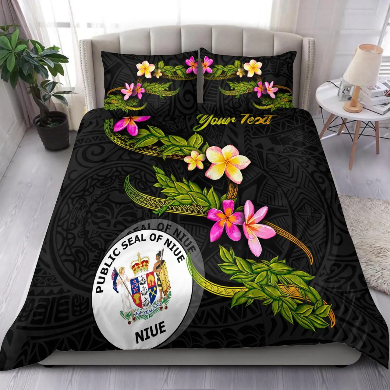 Niue Polynesian Custom Personalised Bedding Set - Plumeria Tribal 1