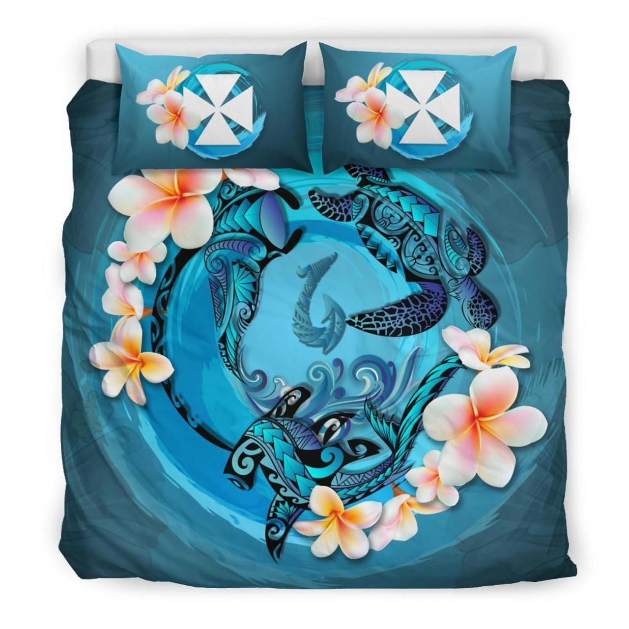 Polynesian Duvet Cover Set - Wallis And Futuna Bedding Set Blue Plumeria Animal Tattoo 3