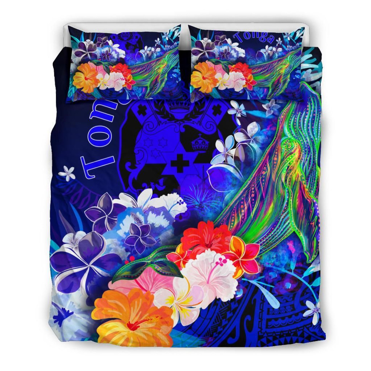 Tonga Bedding Set - Humpback Whale With Tropical Flowers (Blue) 3