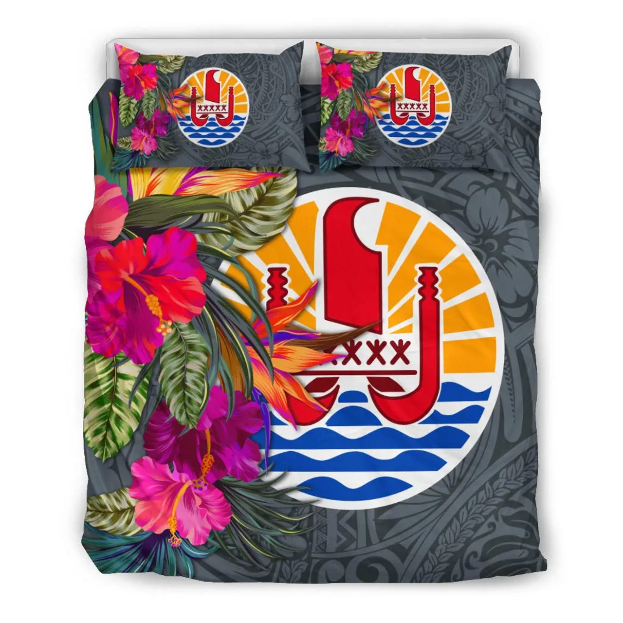 Tahiti Bedding Set - Hibiscus Polynesian Pattern Gray Version 3