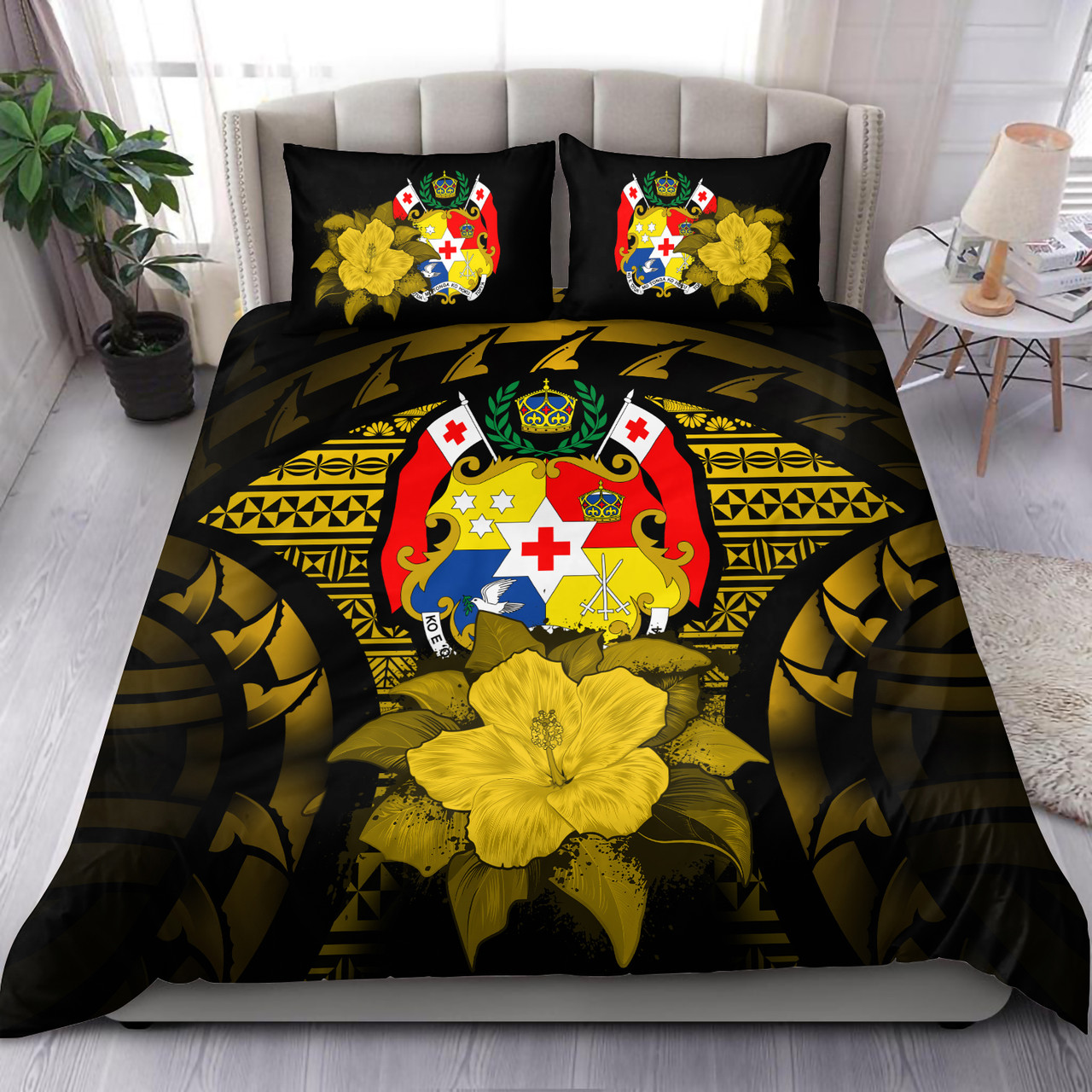 Tonga Duvet Cover Set - Tonga Coat Of Arms & Yellow Hibiscus