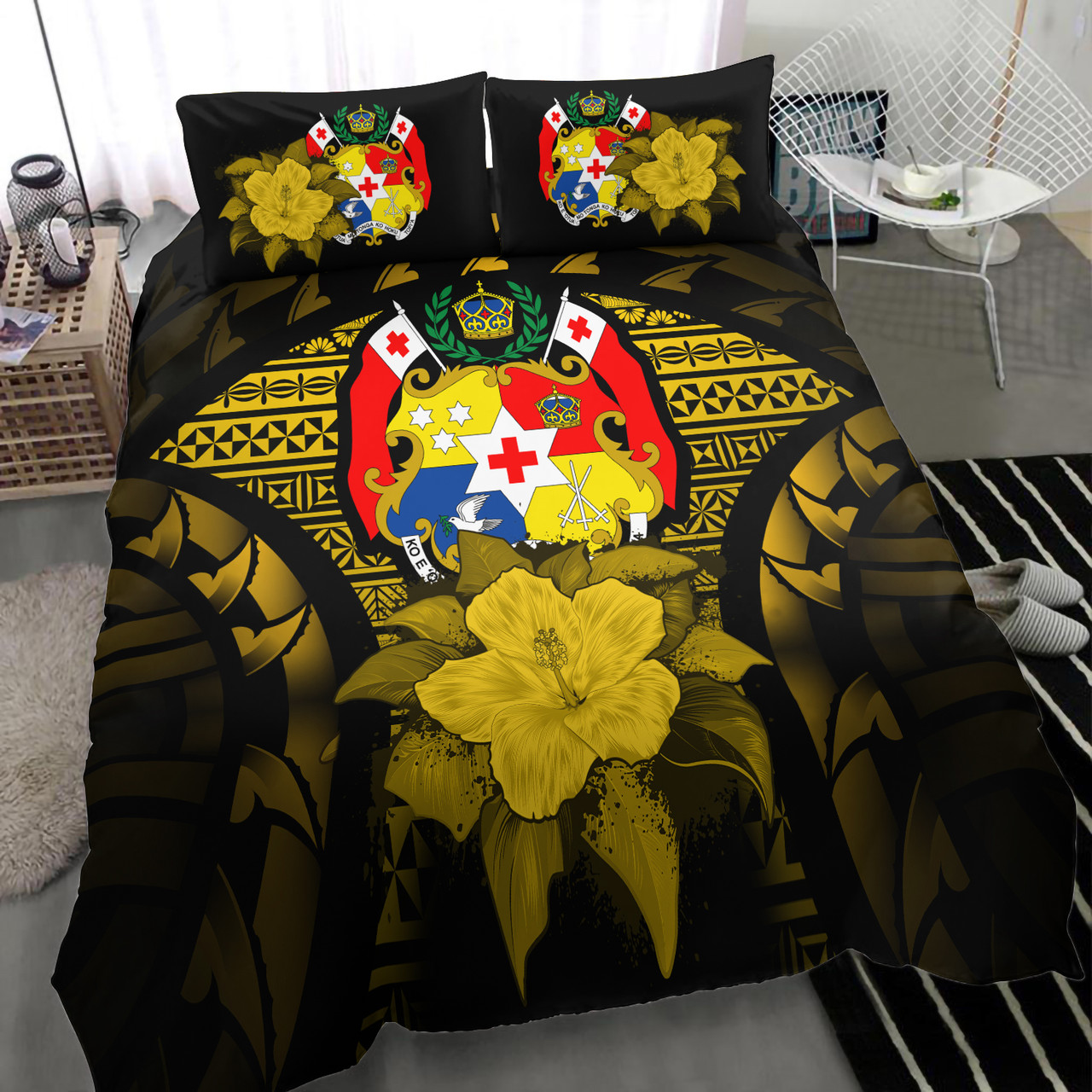 Tonga Duvet Cover Set - Tonga Coat Of Arms & Yellow Hibiscus