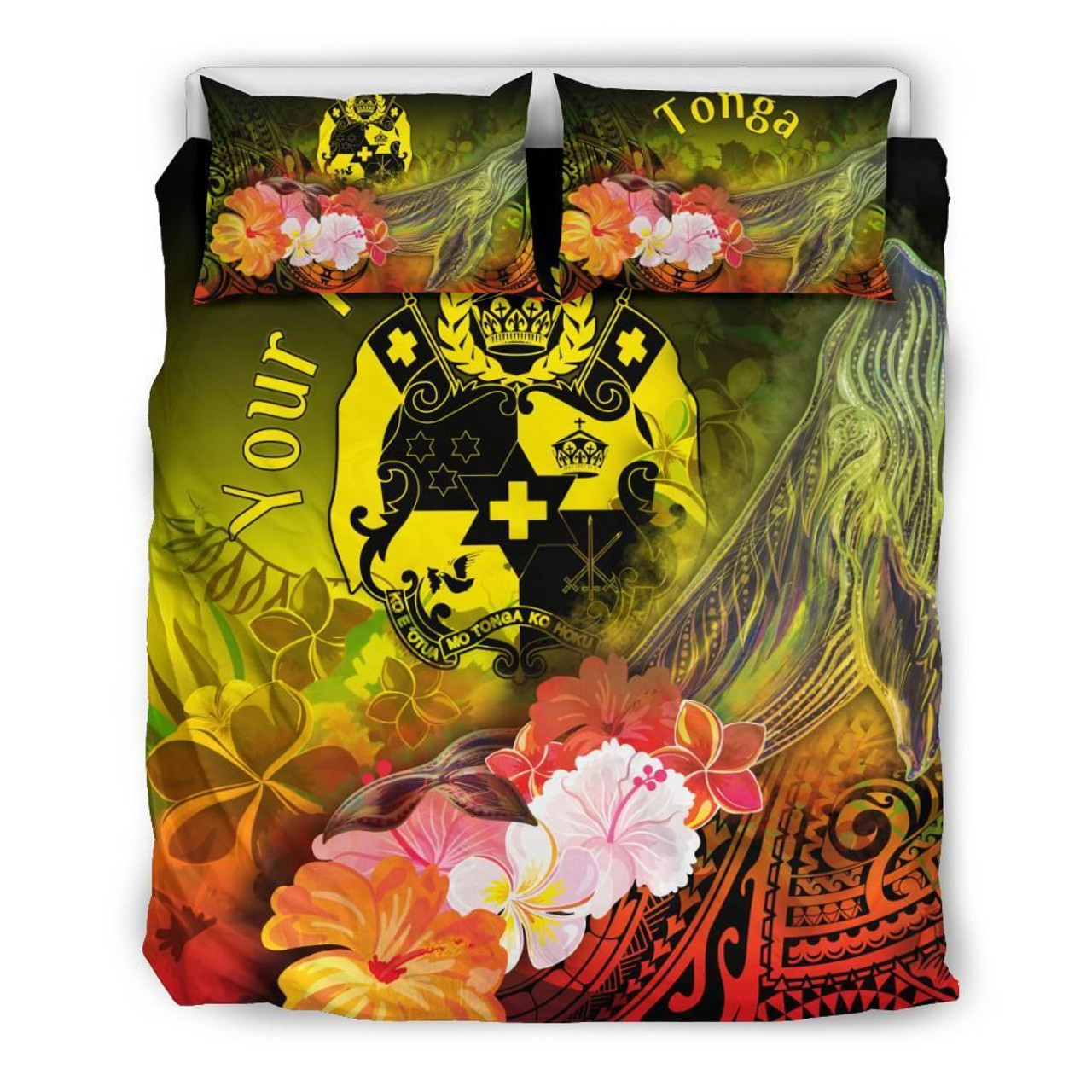 Tonga Custom Personalised Bedding Set - Humpback Whale With Tropical Flowers (Yellow) 3