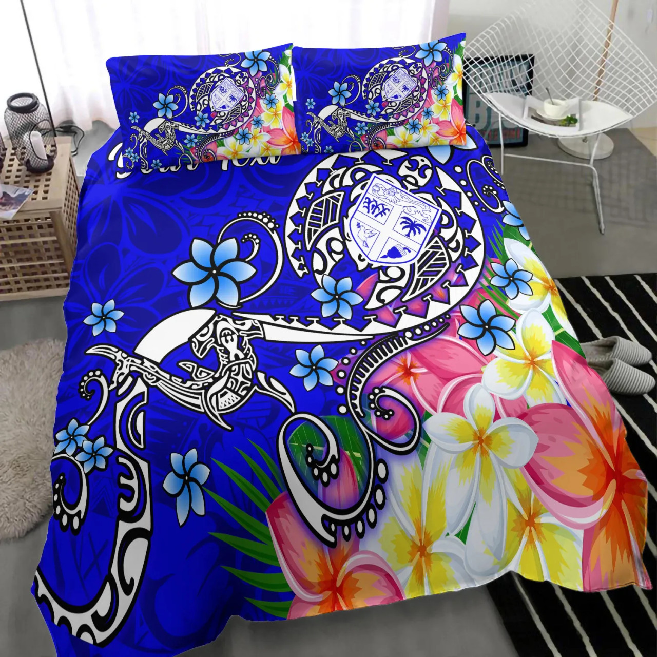 Fiji Custom Personalised Bedding Set - Turtle Plumeria (Blue) 2