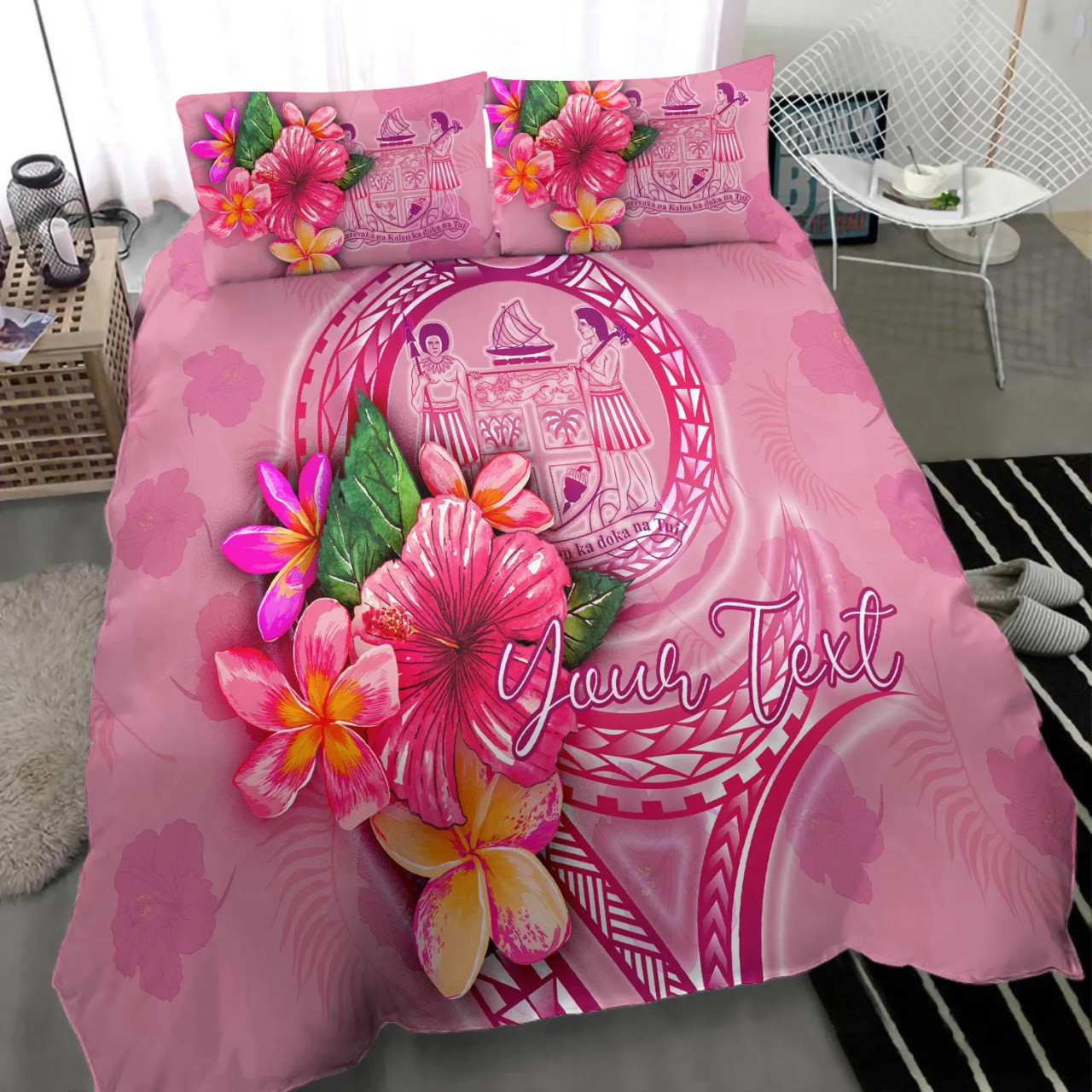 Fiji Polynesian Custom Personalised Bedding Set - Floral With Seal Pink 3