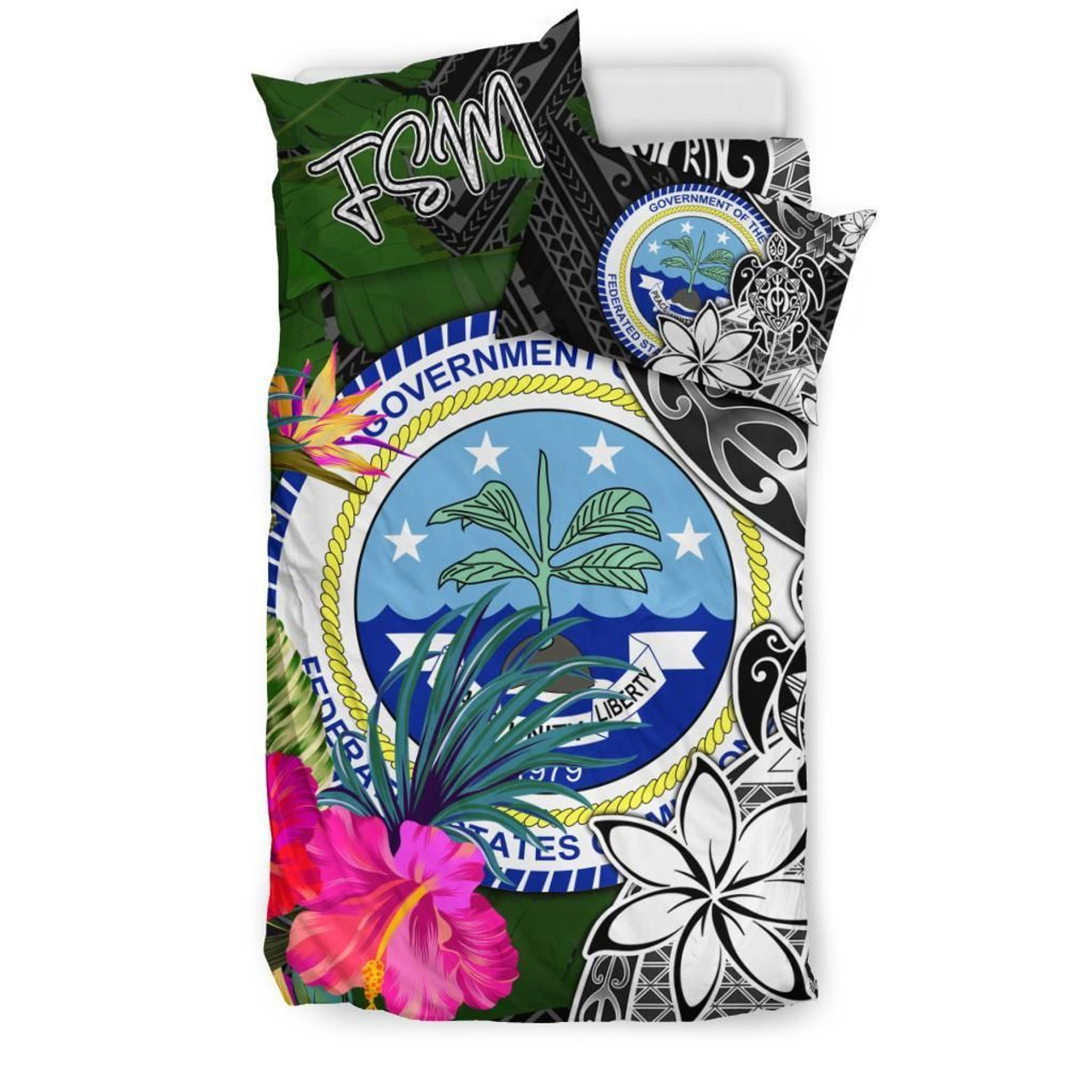 Federated States Of Micronesia Bedding Set - Turtle Plumeria Banana Leaf 2