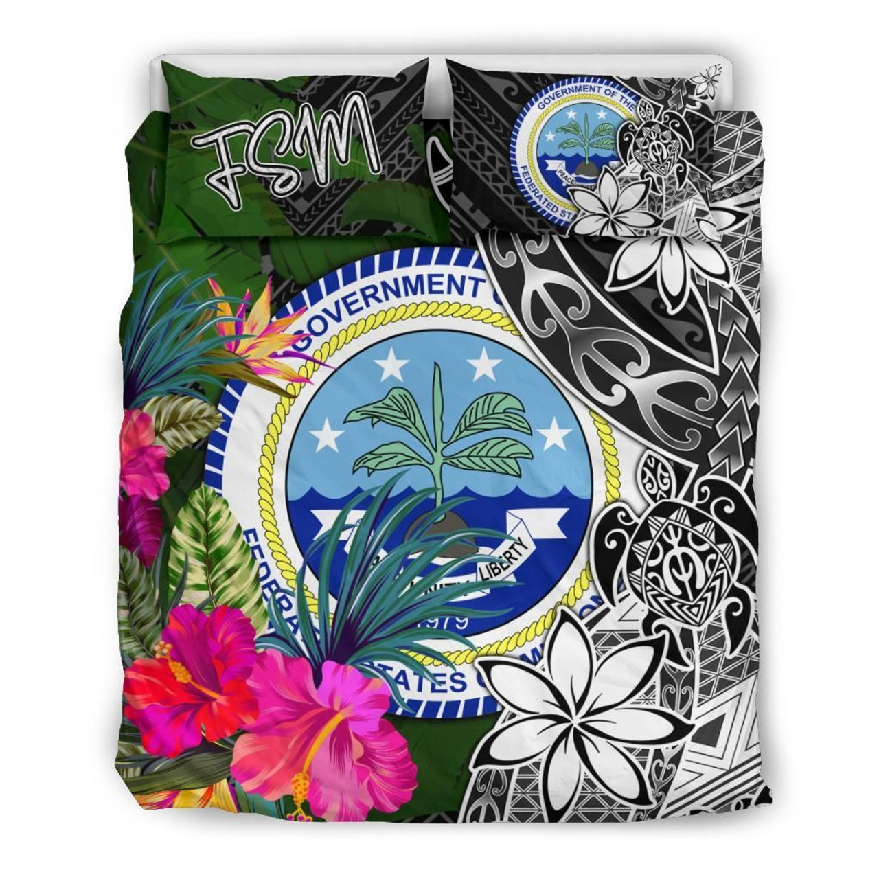 Federated States Of Micronesia Bedding Set - Turtle Plumeria Banana Leaf 3