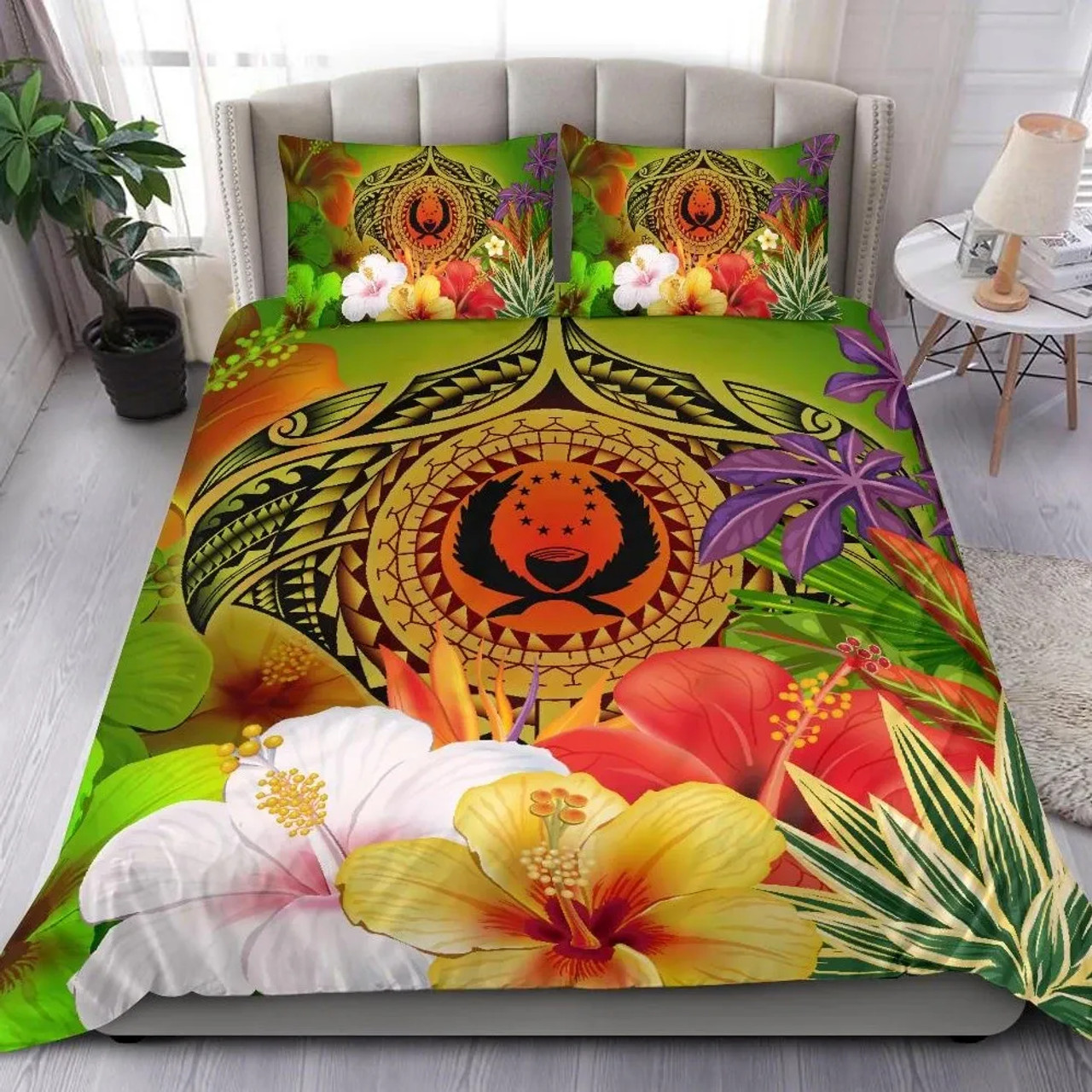 Pohnpei Polynesian Bedding Set - Manta Ray Tropical Flowers (Reggae) 1