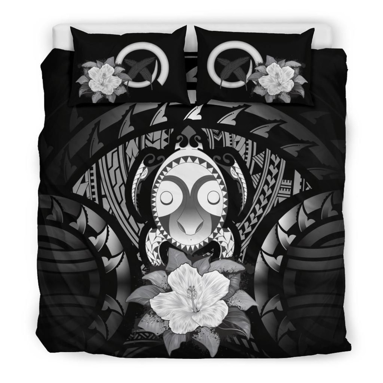 Vanuatu Duvet Cover Set - Turtle Tiki Face & Gray Hibiscus 1