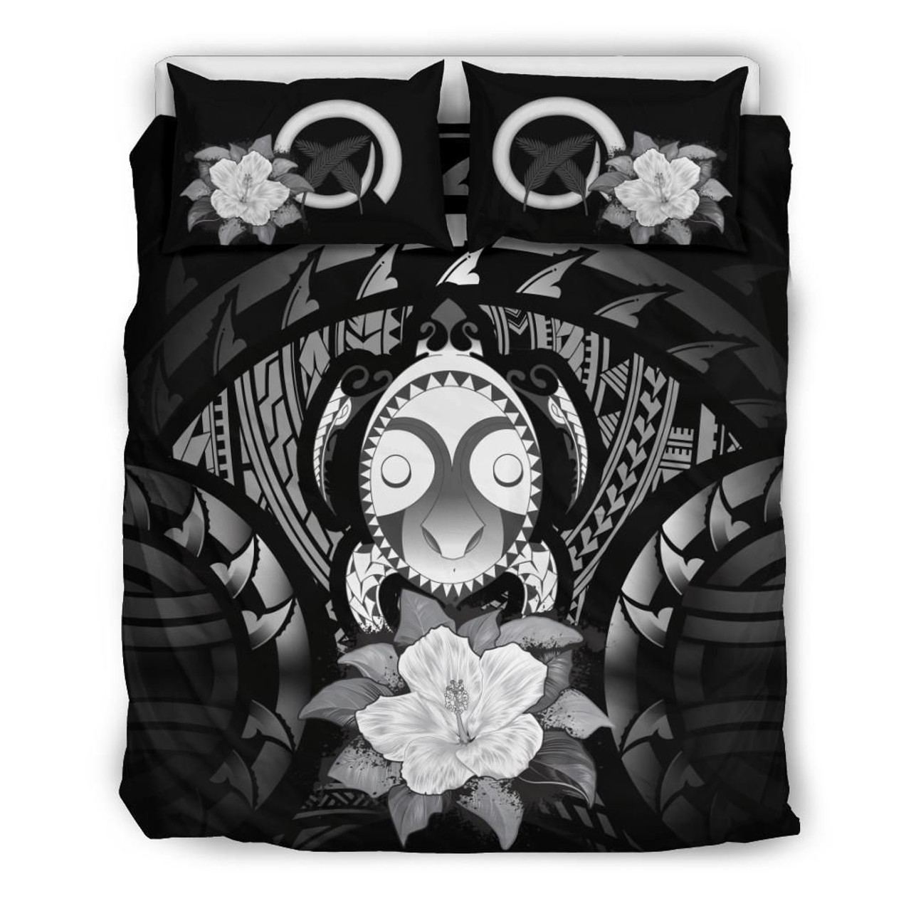 Vanuatu Duvet Cover Set - Turtle Tiki Face & Gray Hibiscus 2