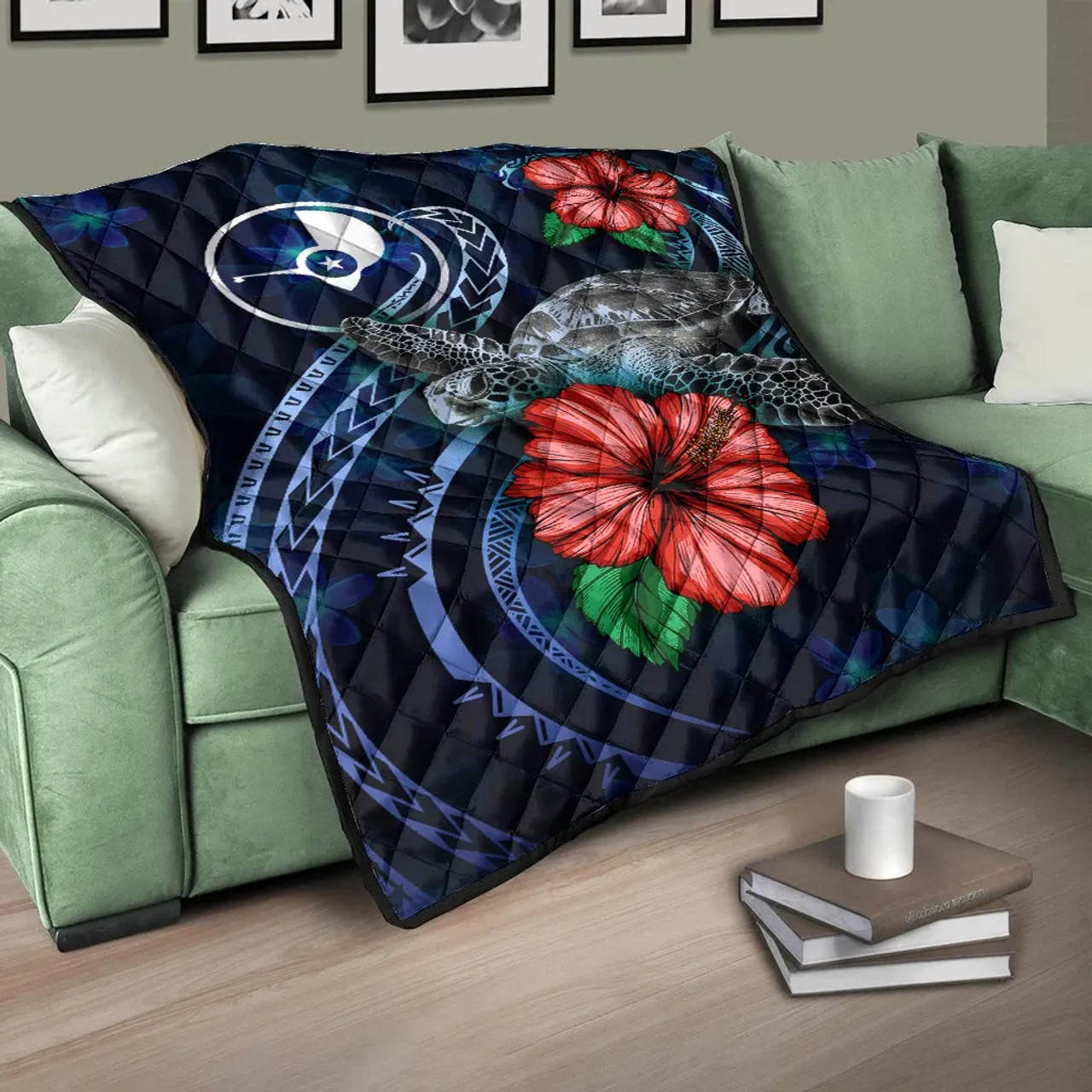 Yap Polynesian Premium Quilt - Blue Turtle Hibiscus 10