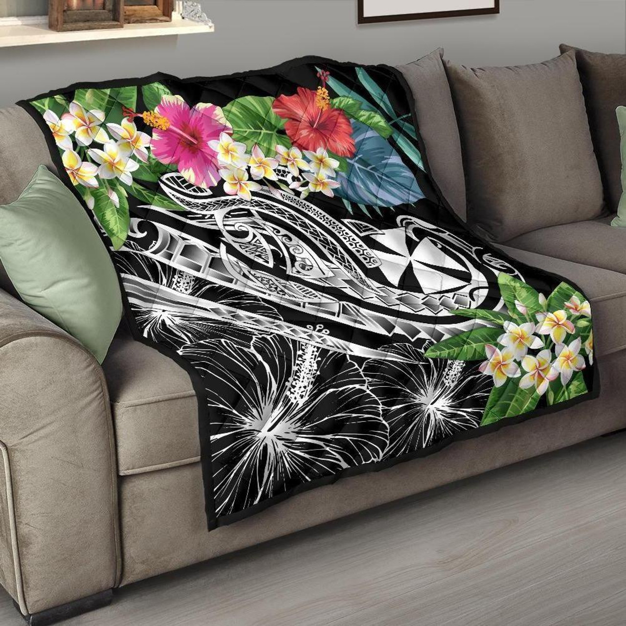 Wallis and Futuna Polynesian Premium Quilt - Summer Plumeria (Black) 1