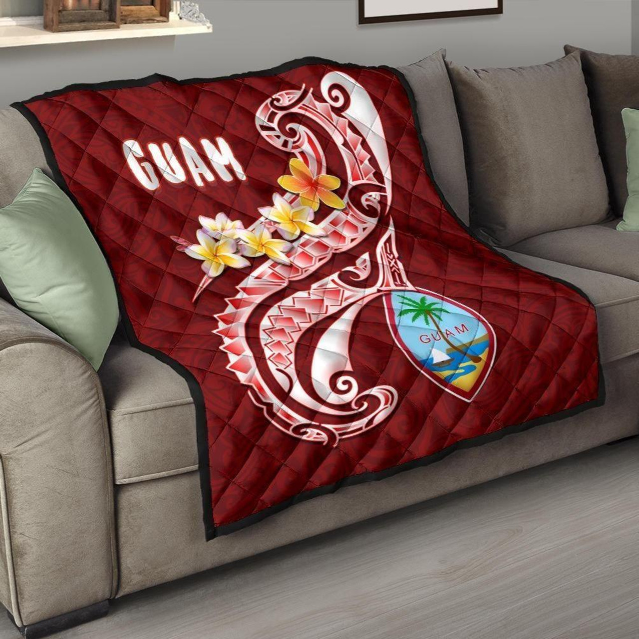 Guam Premium Quilt - Guam Seal Polynesian Patterns Plumeria (Red) 1