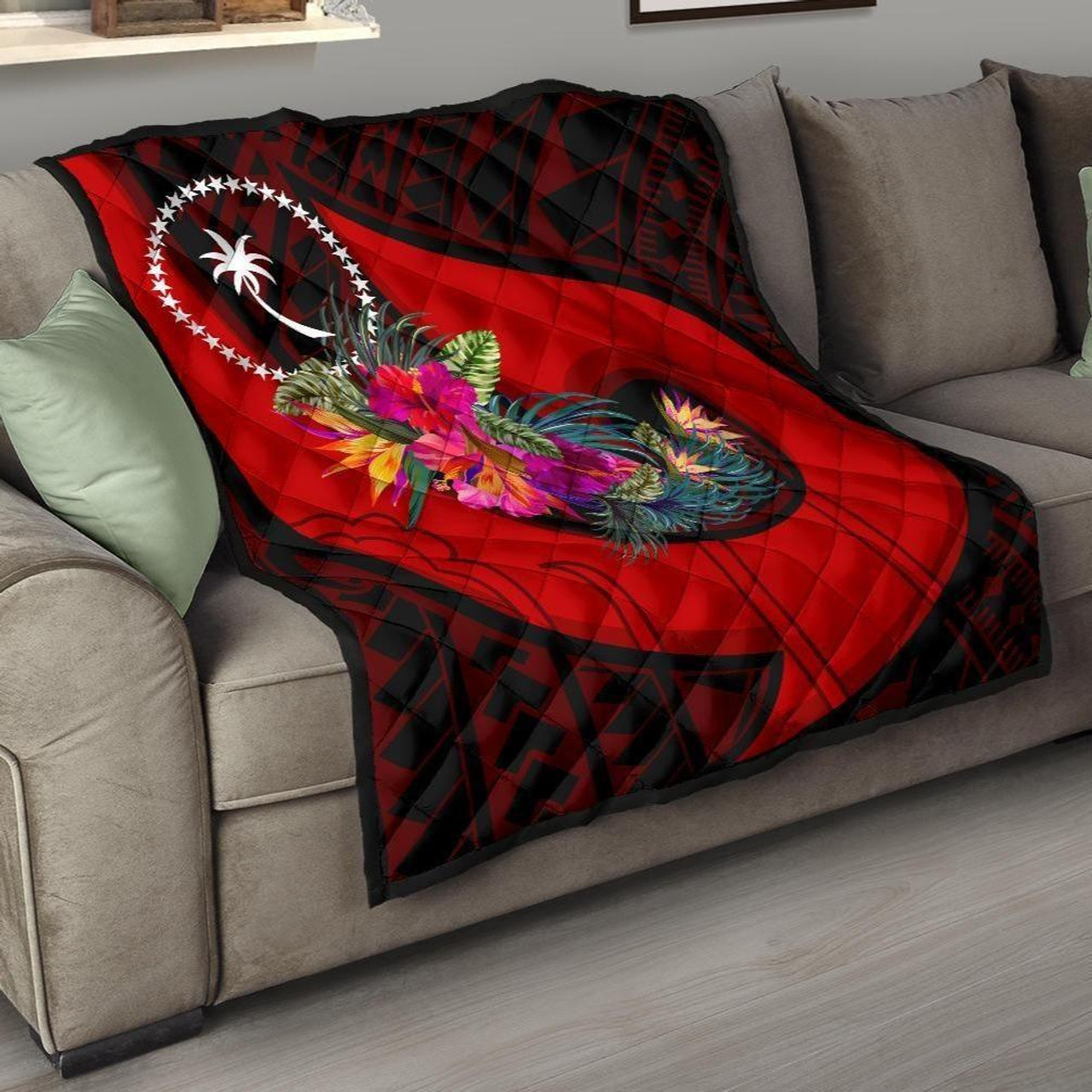 Chuuk Premium Quilt - Polynesian Hook And Hibiscus (Red) 1