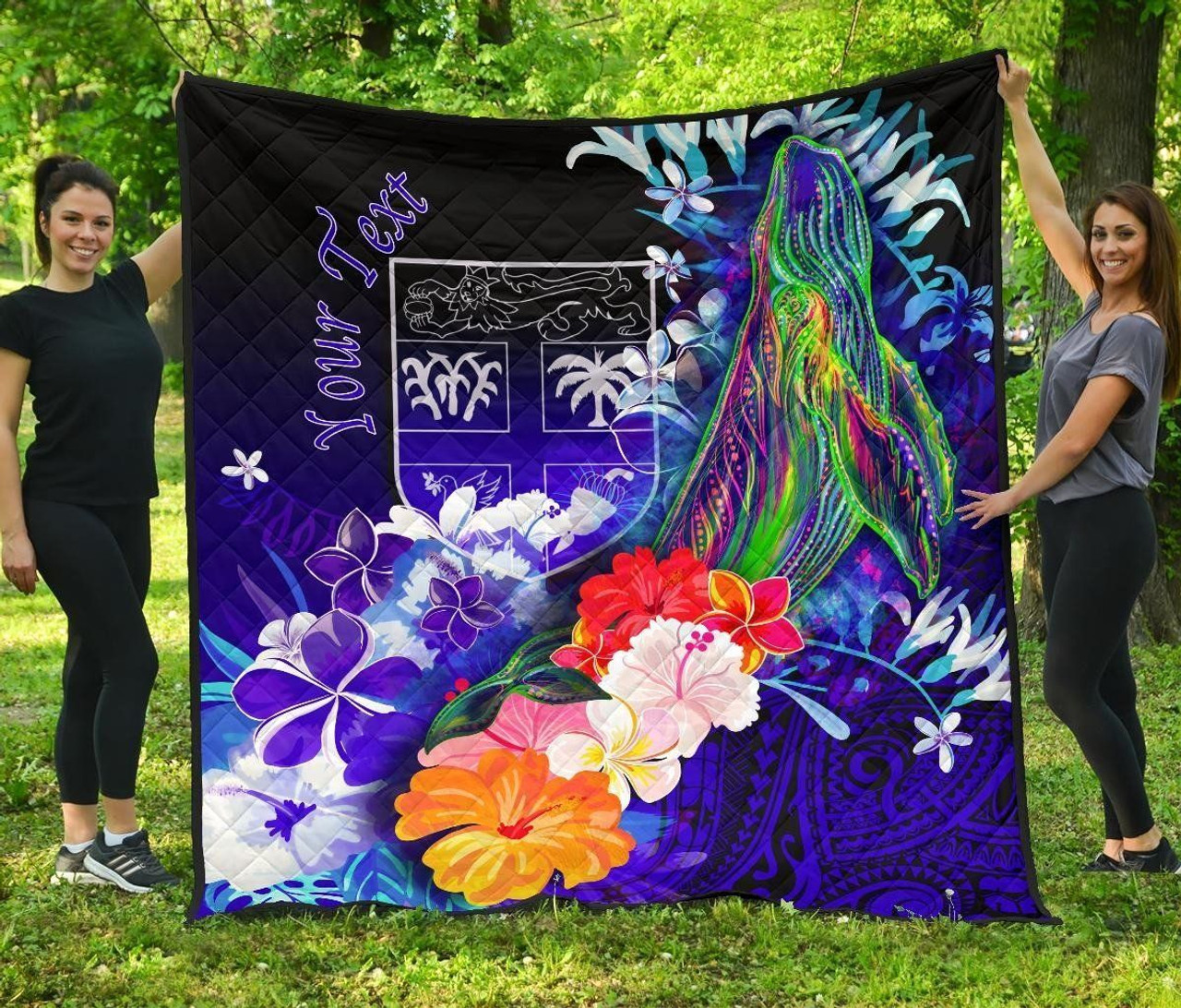 Fiji Custom Personalised Premium Quilt - Humpback Whale with Tropical Flowers (Blue) 1