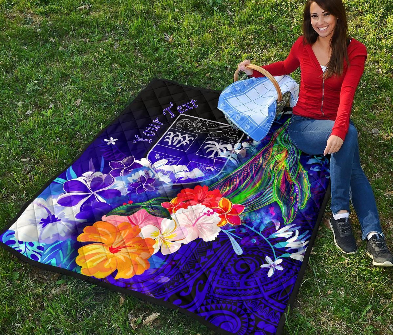 Fiji Custom Personalised Premium Quilt - Humpback Whale with Tropical Flowers (Blue) 6