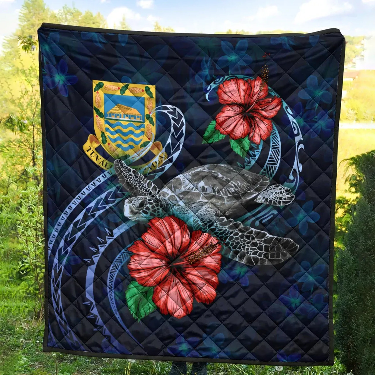 Tuvalu Polynesian Premium Quilt - Blue Turtle Hibiscus 4