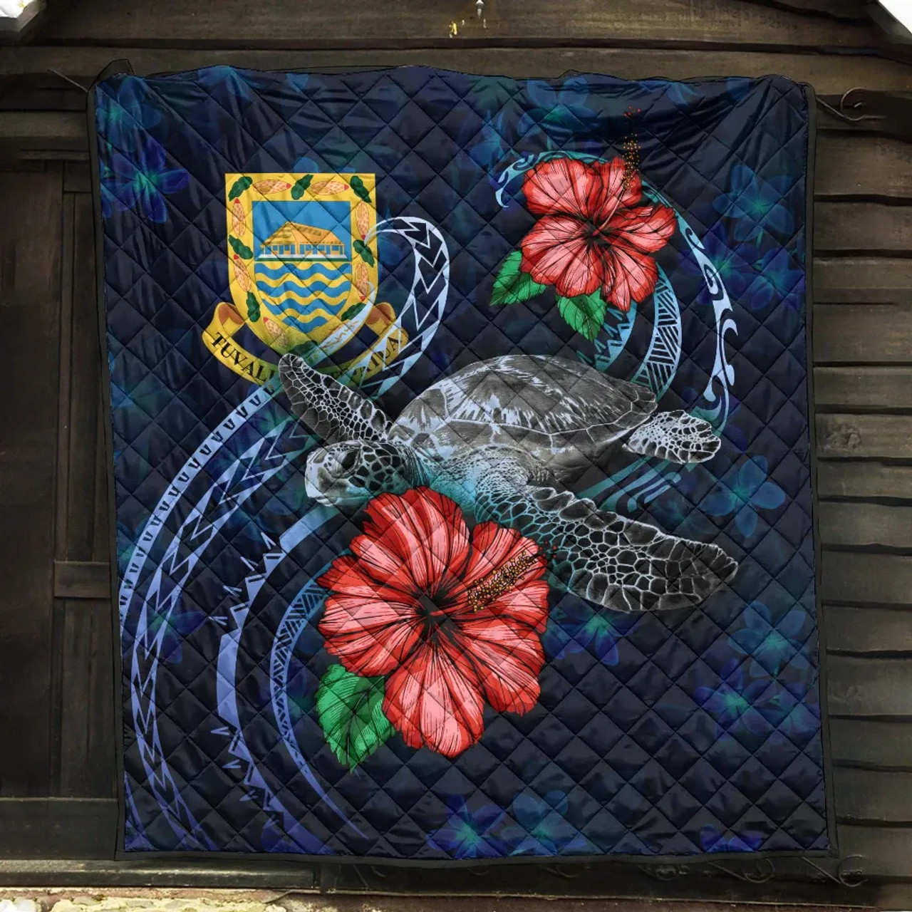 Tuvalu Polynesian Premium Quilt - Blue Turtle Hibiscus 5