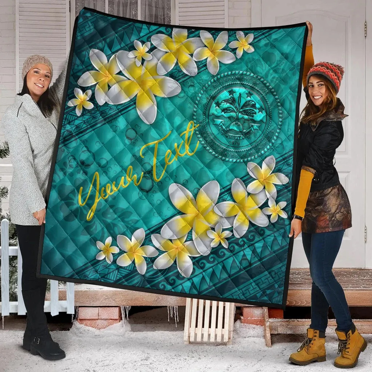 Federated States Of Micronesia Polynesian Custom Personalised Quilt - Plumeria With Blue Ocean 3