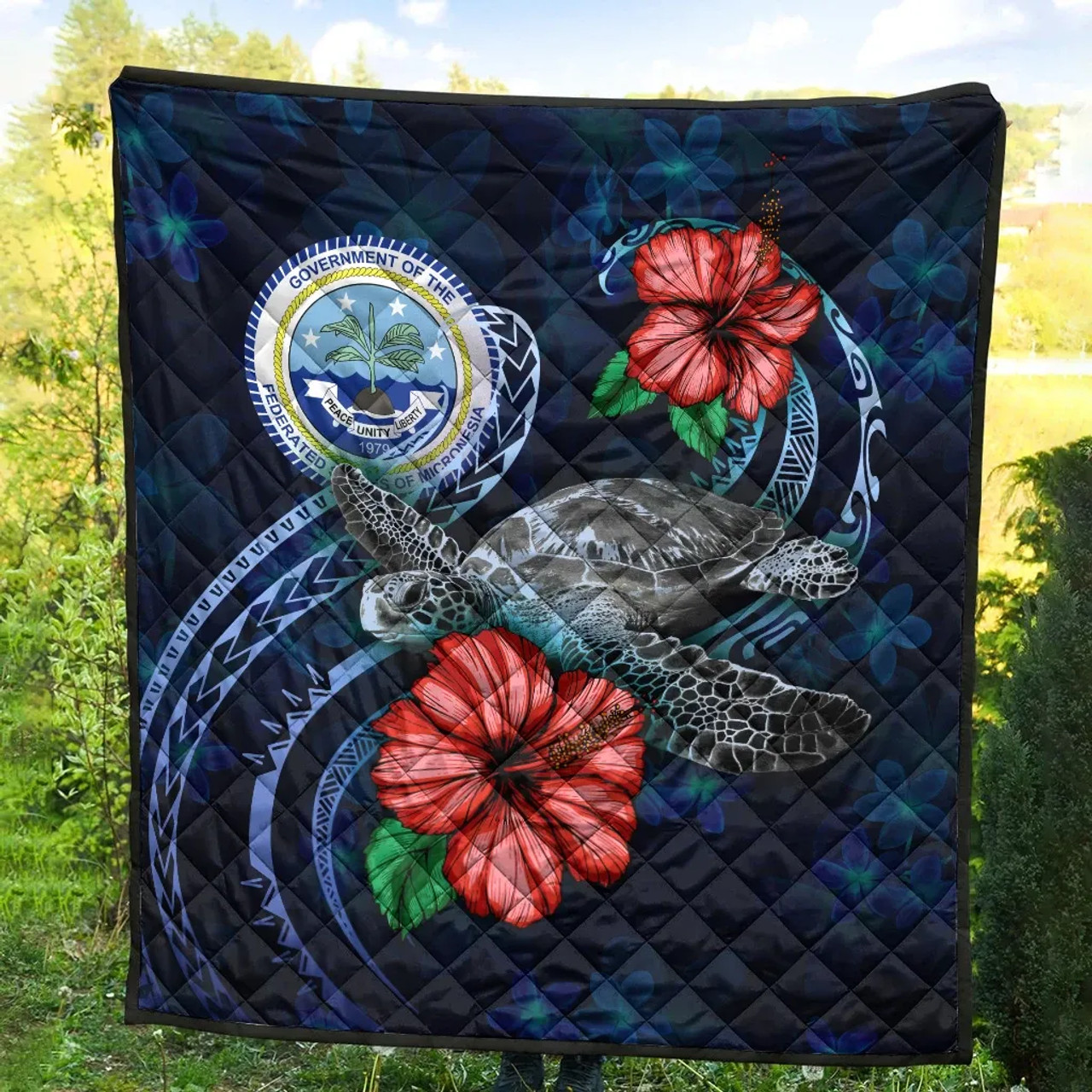 Federated States Of Micronesia Polynesian Premium Quilt - Blue Turtle Hibiscus 4