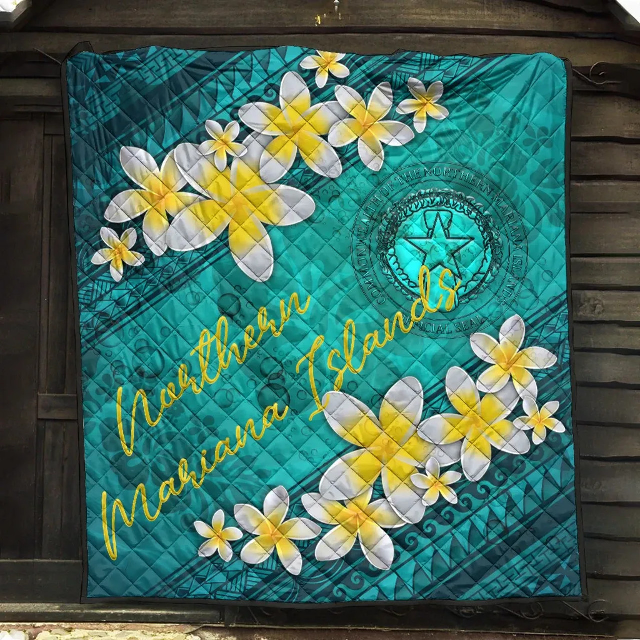 Northern Mariana Islands Polynesian Quilt - Plumeria With Blue Ocean 6