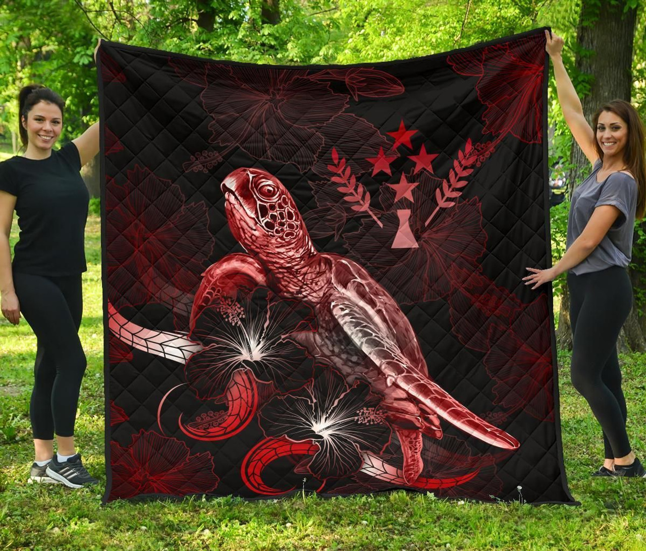 Kosrae Polynesian Premium Quilt - Turtle With Blooming Hibiscus Red 2