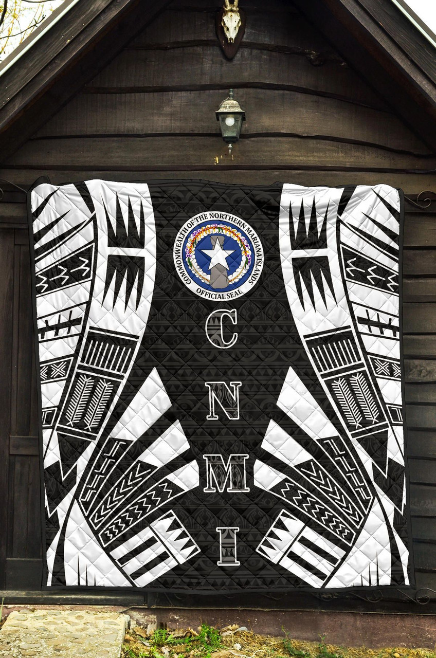 Northern Mariana Islands Premium Quilt - Northern Mariana Islands Seal Polynesian White Tattoo (Black) 5