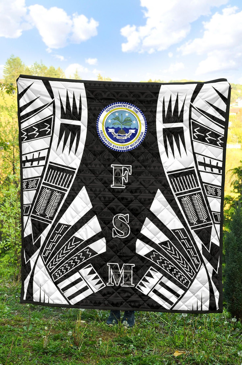 Federated States Of Micronesia Premium Quilt - Federated States Of Micronesia Seal Polynesian White Tattoo (Black) 4