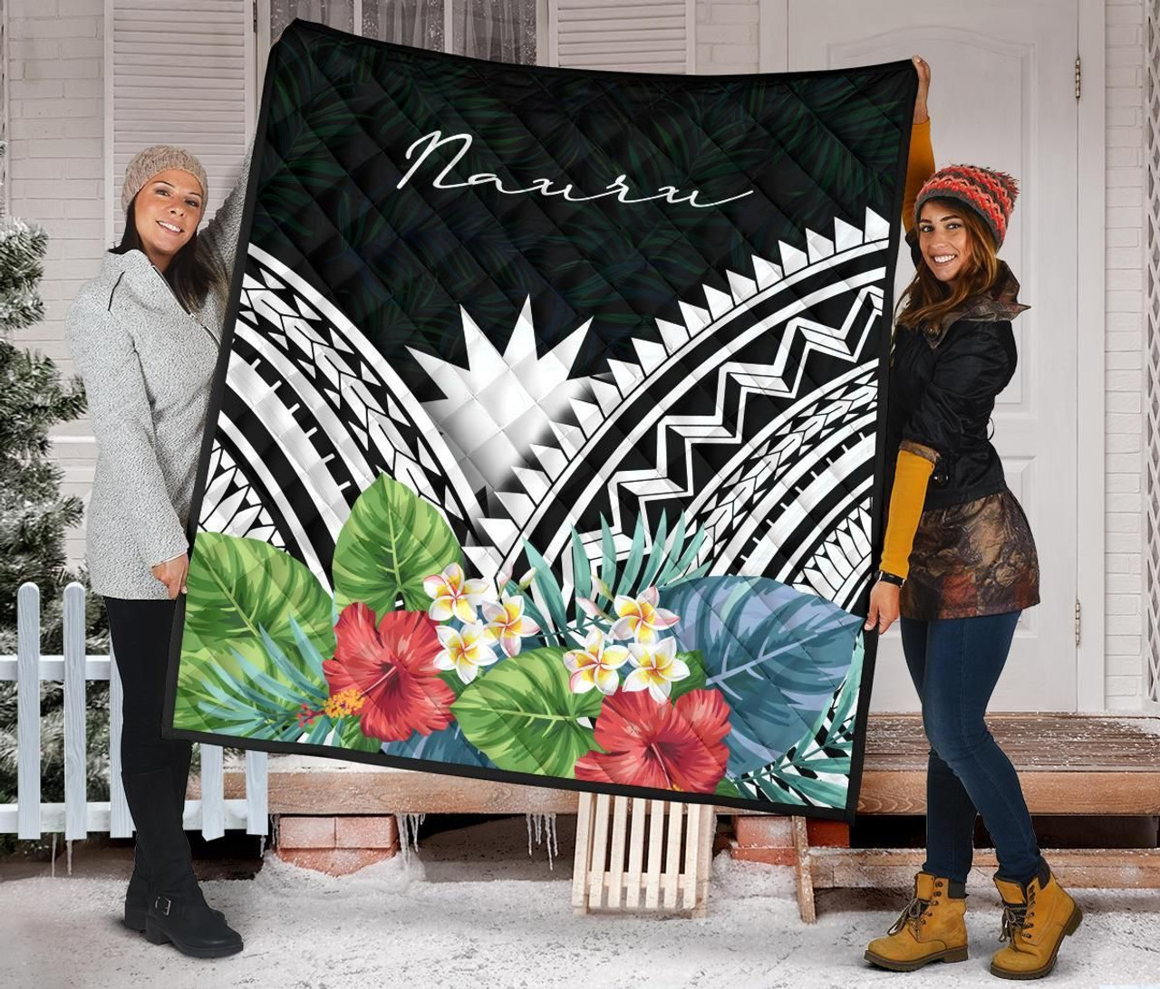 Nauru Premium Quilt - Nauru Coat of Arms & Polynesian Tropical Flowers White 2