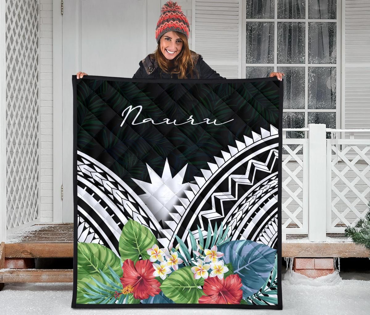 Nauru Premium Quilt - Nauru Coat of Arms & Polynesian Tropical Flowers White 3