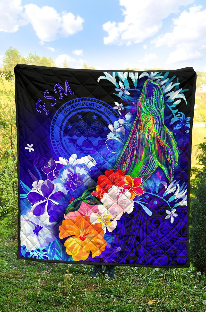 Federated States of Micronesia Premium Quilts - Humpback Whale with Tropical Flowers (Blue) 4