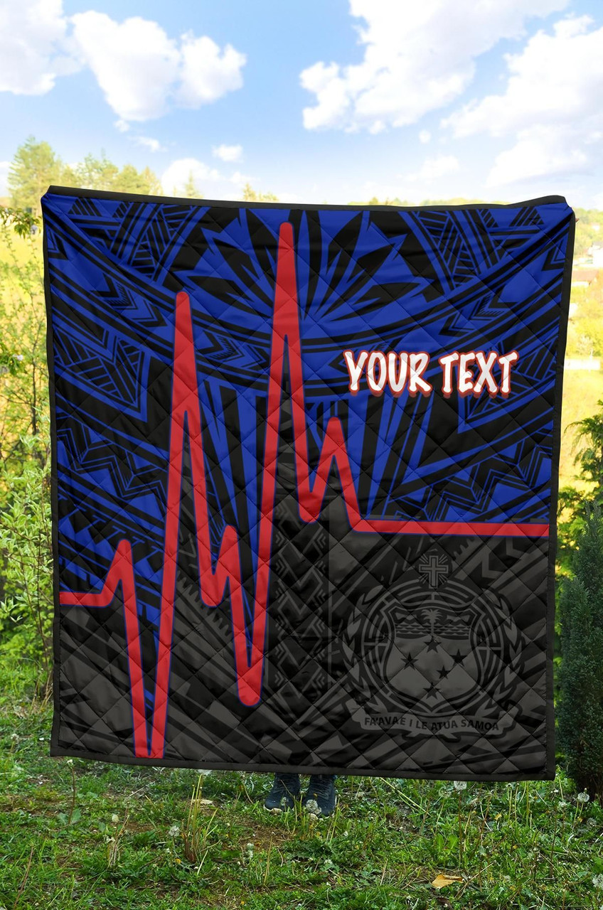 Samoa Personalised Premium Quilt - Samoa Seal With Polynesian Patterns In Heartbeat Style (Blue) 9
