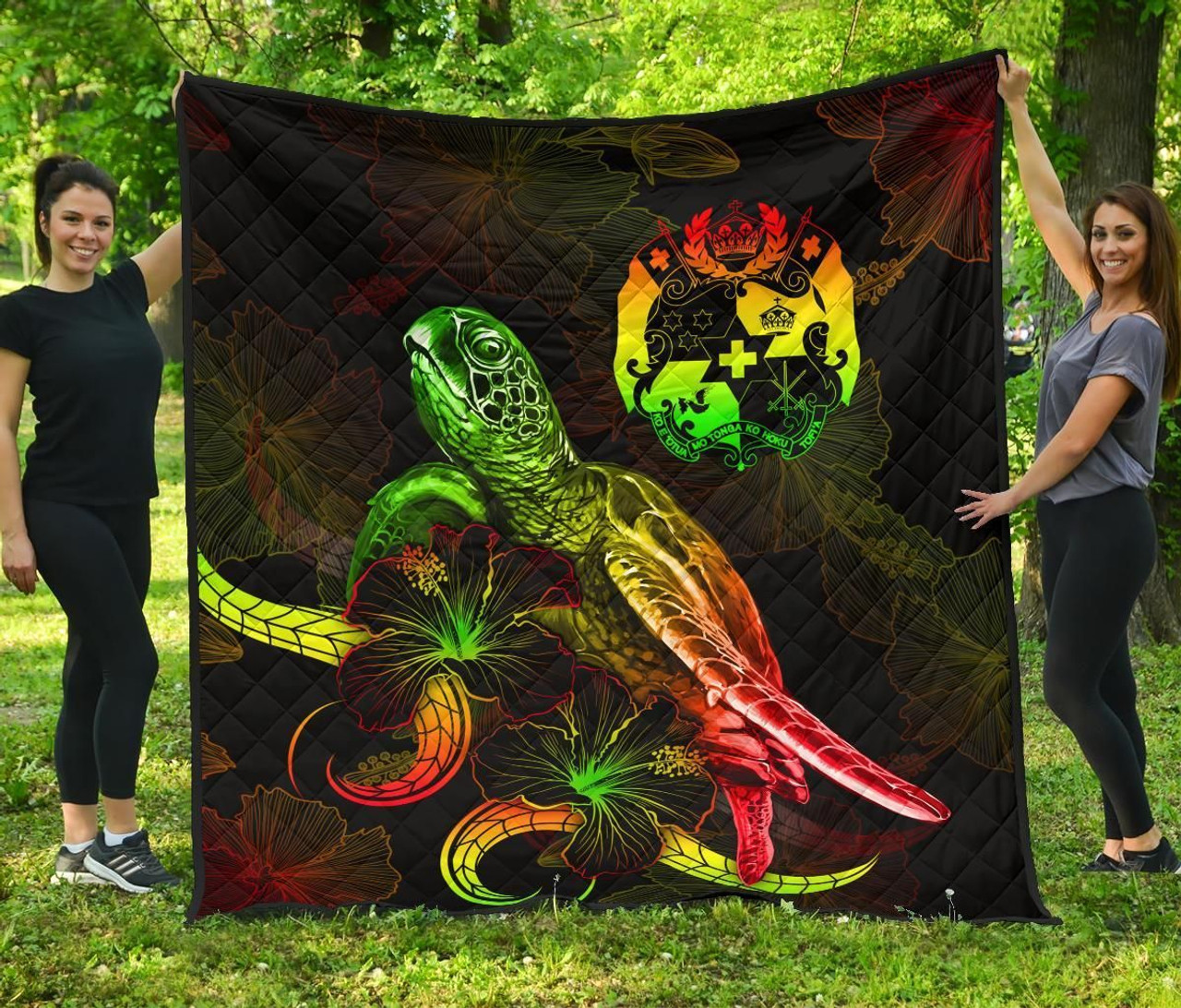 Tonga Polynesian Premium Quilt - Turtle With Blooming Hibiscus Reggae 2