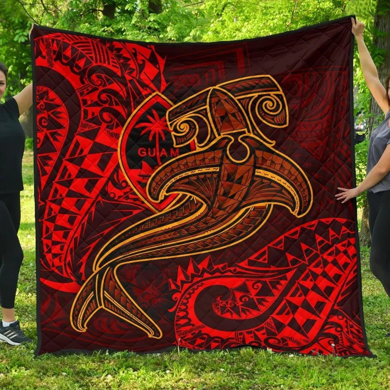 Guam Polynesian Premium Quilt - Red Shark Polynesian Tattoo 1