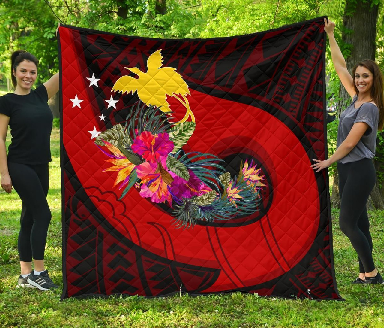 Papua New Guinea Premium Quilt - Polynesian Hook And Hibiscus (Red) 2